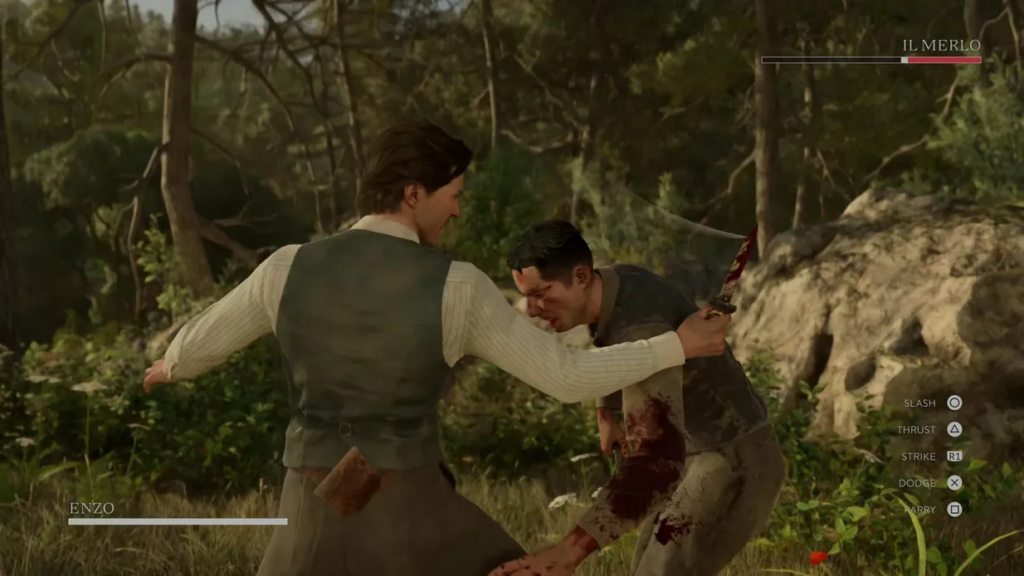 Энцо дерётся с врагом в лесу, Banishers: Ghosts of New Eden