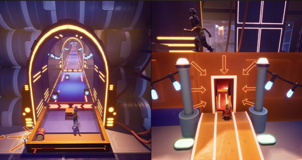 Мэй и Коди бегут по футуристической платформе It Takes Two