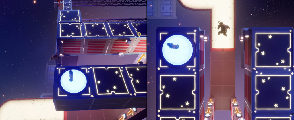 Персонажи прыгают по платформам в космической арене