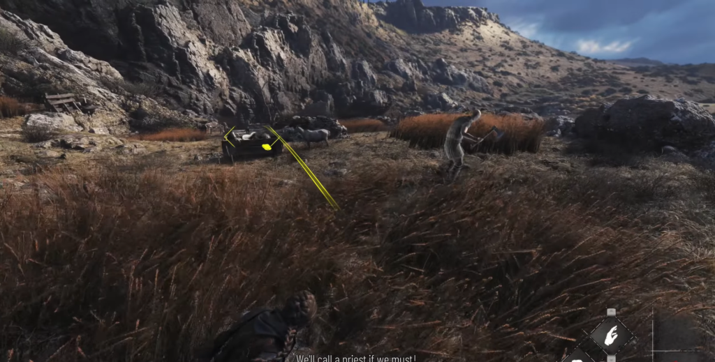 Персонаж крадется в траве у скалистых гор