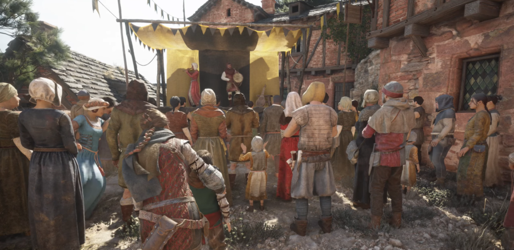 Толпа слушает музыкантов на сцене в деревне