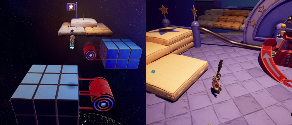 Персонажи It Takes Two прыгают по платформам в космосе