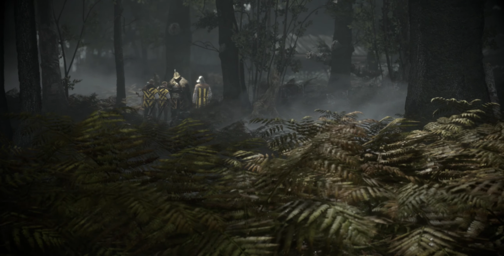 Рыцари в жёлтых доспехах идут по туманному лесу