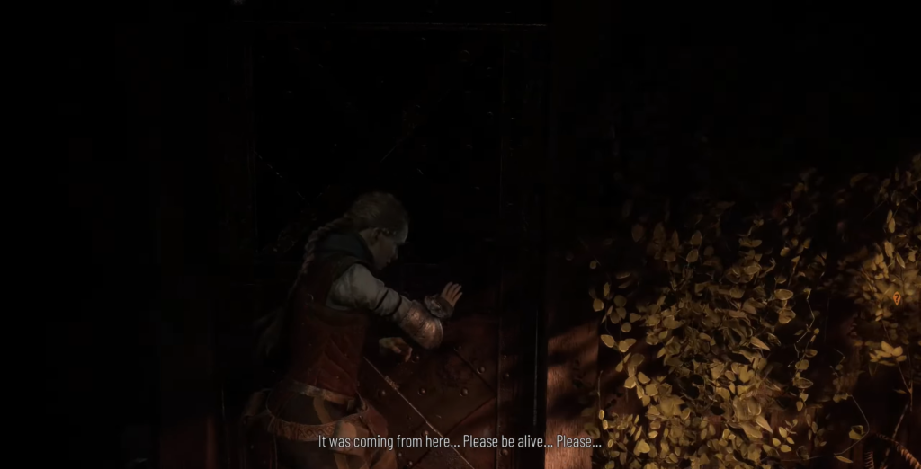 Амиция стучит в дверь рядом с кустом, A Plague Tale