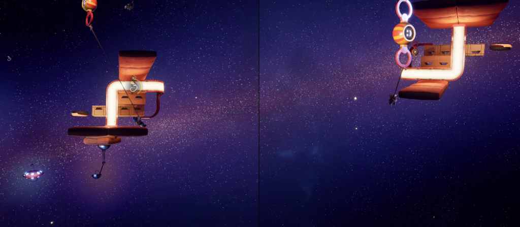 Два персонажа висят на верёвках у платформ в космосе