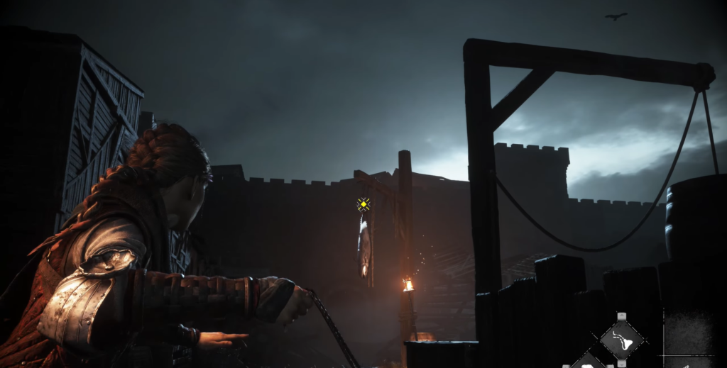 Амиция де Рун целится пращой во дворе крепости