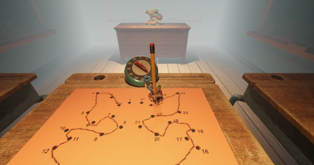 Карандаш стоит на листе с точками в классе