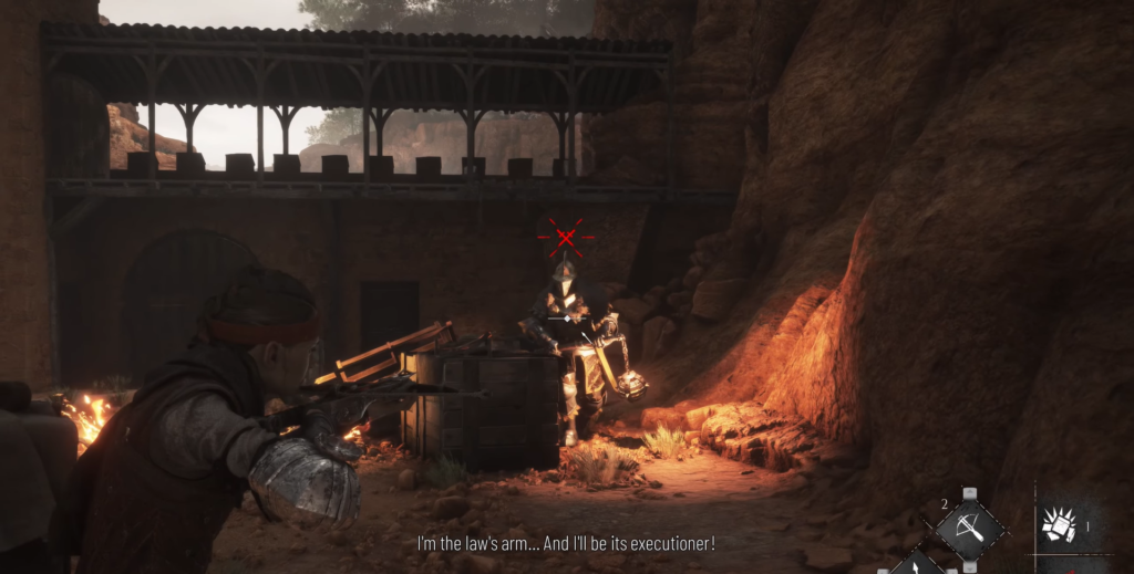 Персонаж целится в рыцаря в каньоне