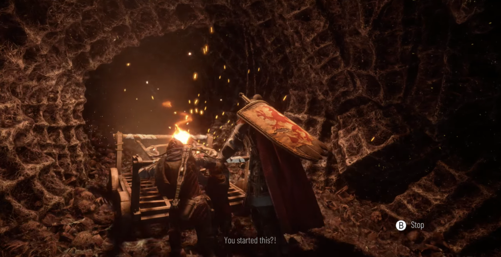 Рыцарь толкает тележку по туннелю с паутиной