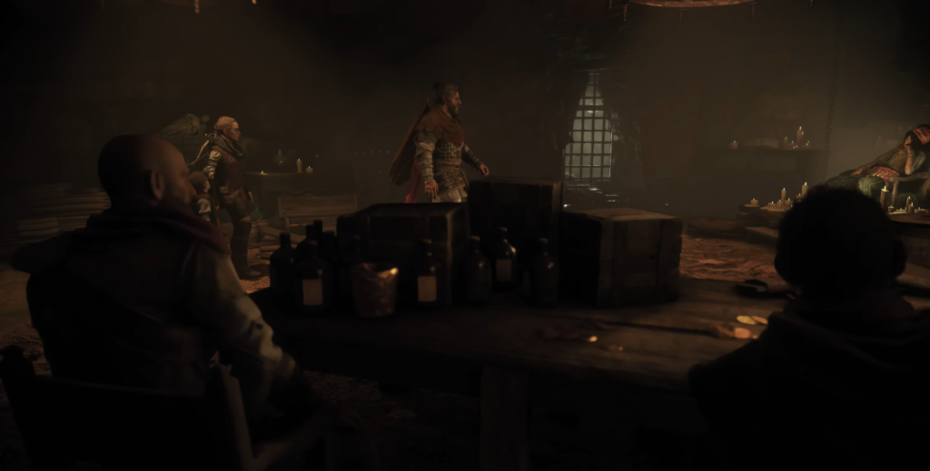 Воин идет по таверне при свечах