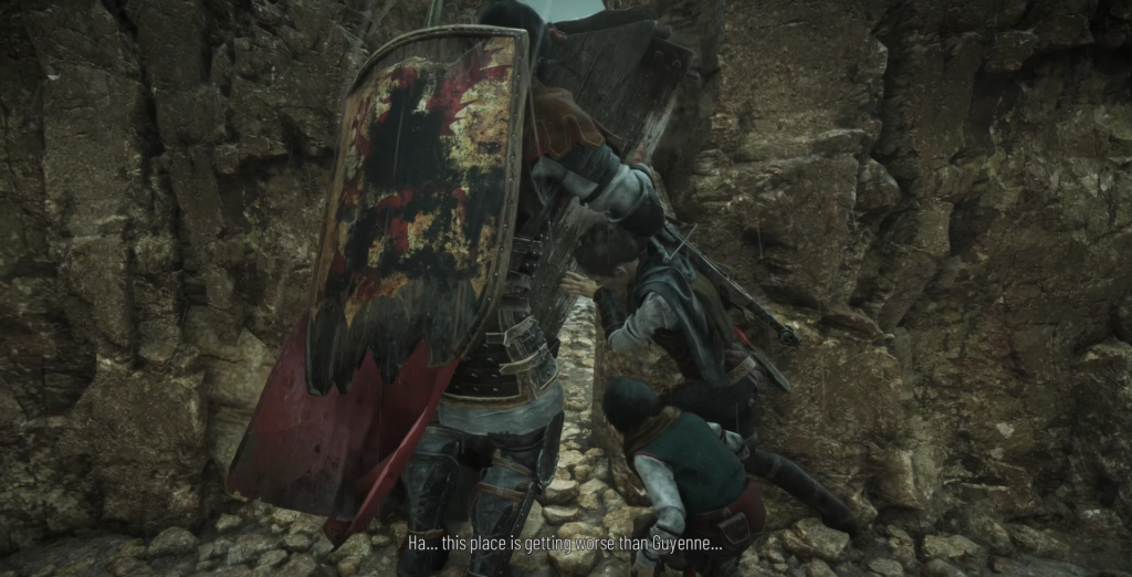 Рыцарь защищает детей щитом в каменном ущелье