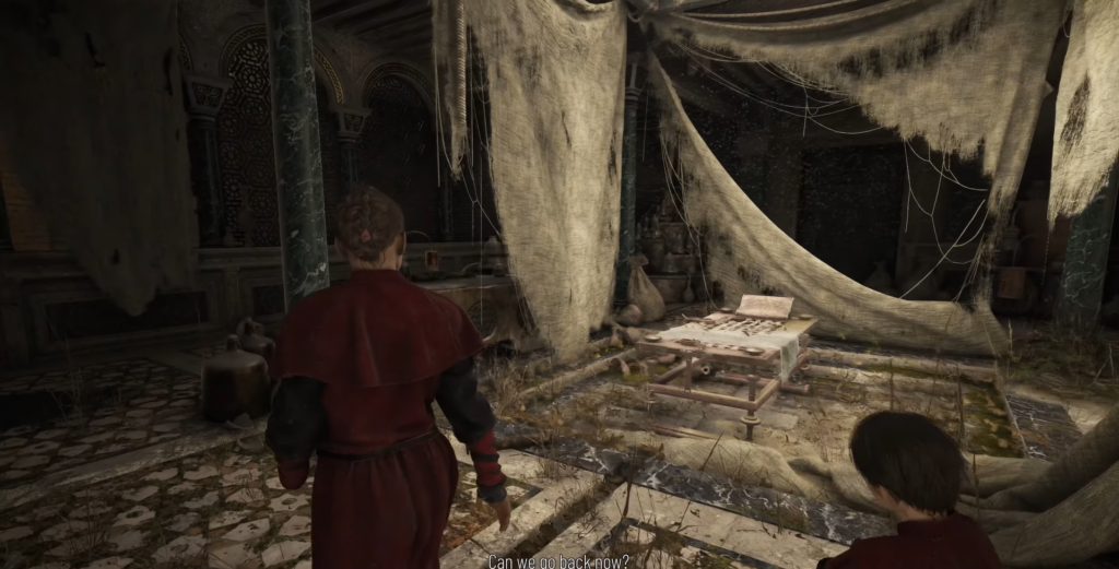 Амиция и Гуго идут по заброшенному залу