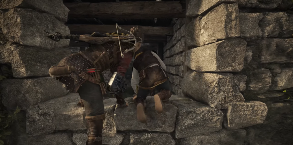 Геральт из The Witcher пролезает в каменный проём