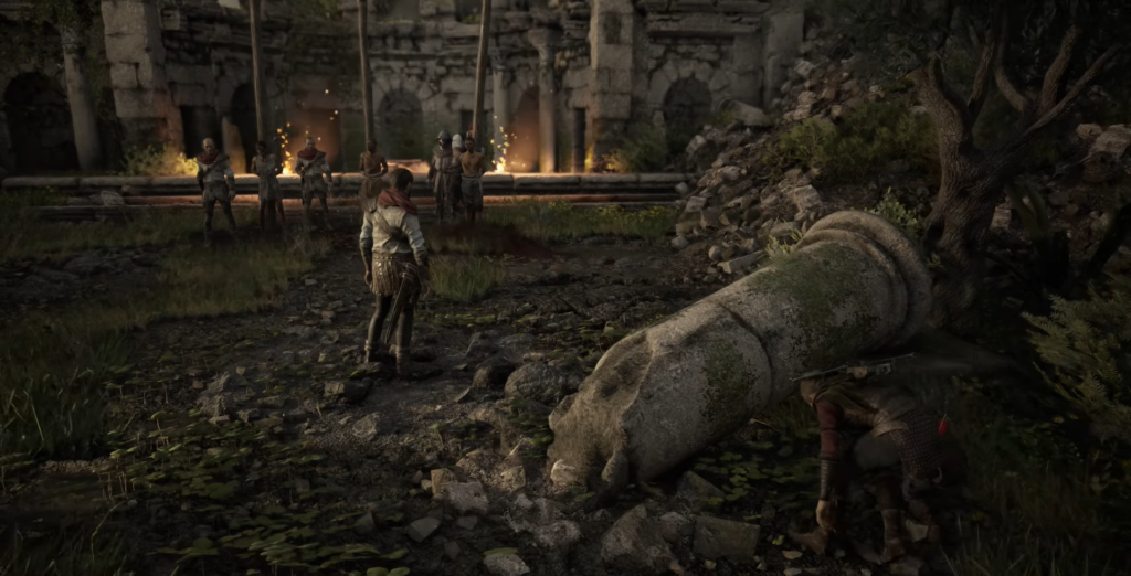 Персонаж стоит перед стражниками у каменных руин