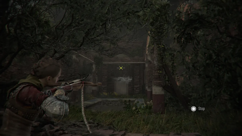 Амиция де Рун целится из пращи у руин