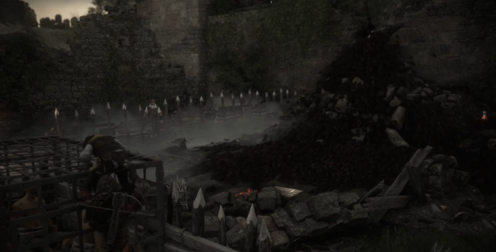 Солдат прячется за баррикадой у каменных руин