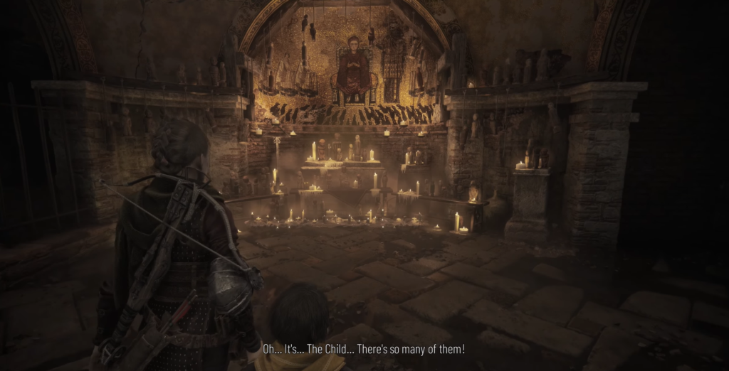 Амиция и Гуго смотрят на алтарь со свечами