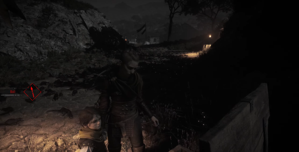 Амиция и Гуго стоят у роя крыс ночью