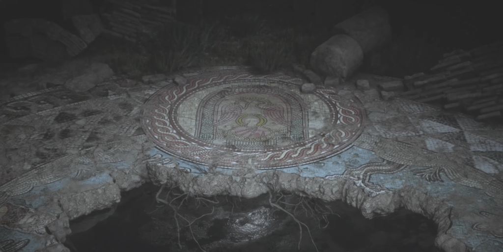 Разрушенная мозаика с ангелом на каменном полу