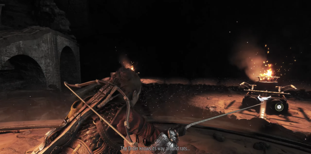 Амисия де Рун тянет верёвку у костра