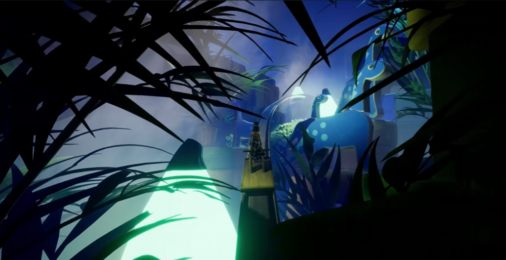 Фигура стоит на мостике среди гигантских растений ночью