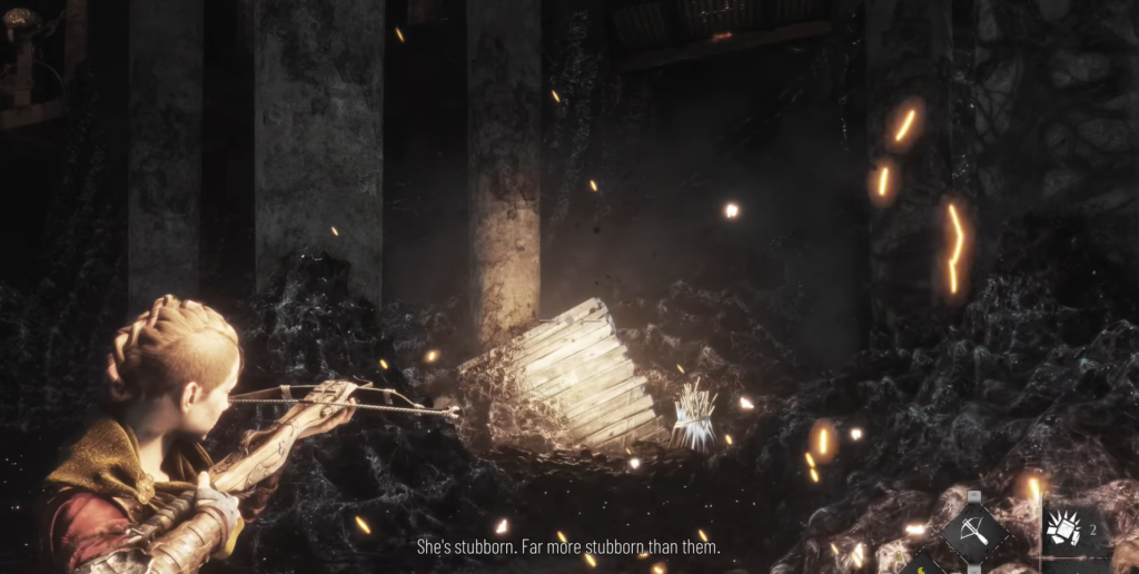 Амиция де Рун целится из арбалета в пещере