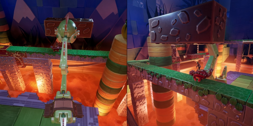 Краб на платформе под каменным прессом в игре