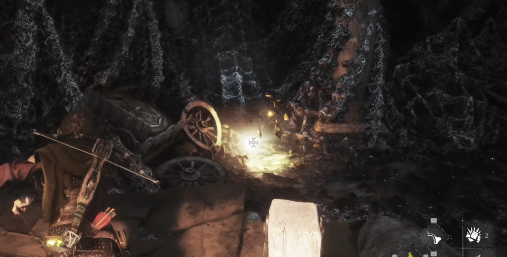 Геральт из The Witcher 3 целится в пещере