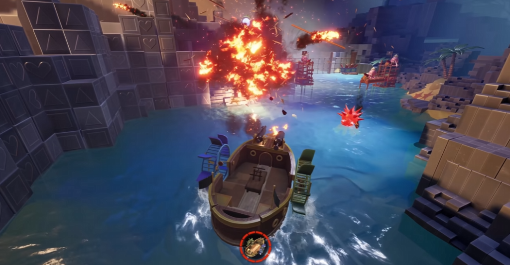 Корабль плывёт по воде среди взрывов в каньоне