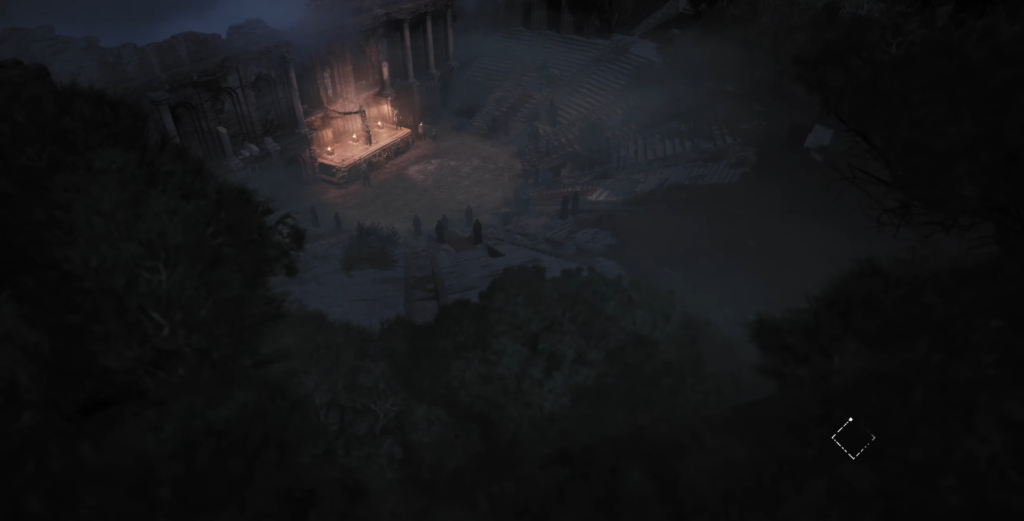 Освещённый алтарь с факелами в руинах храма