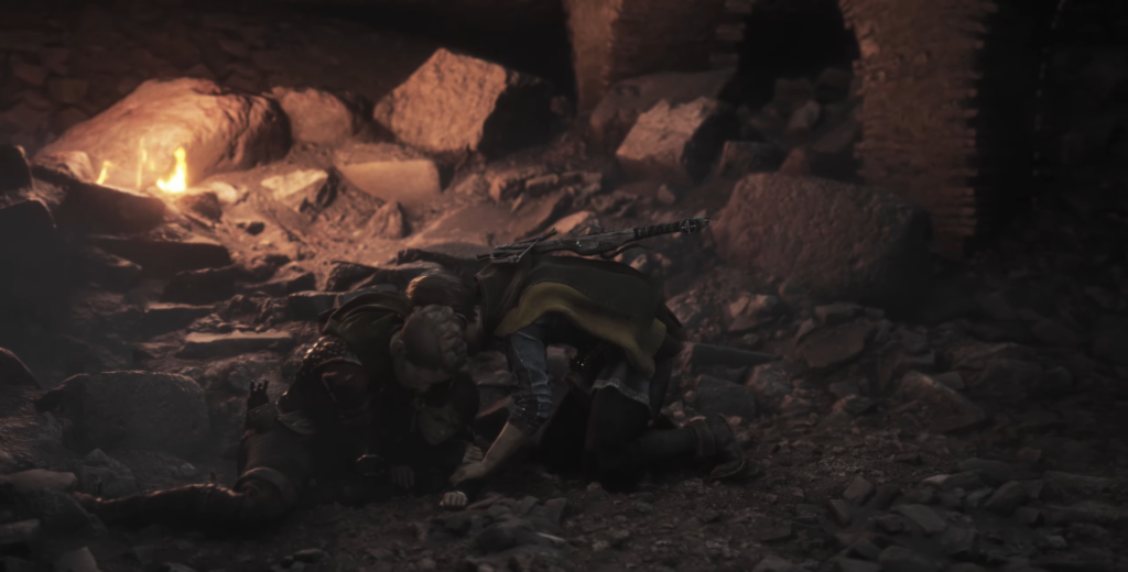 Два человека лежат среди камней у огня