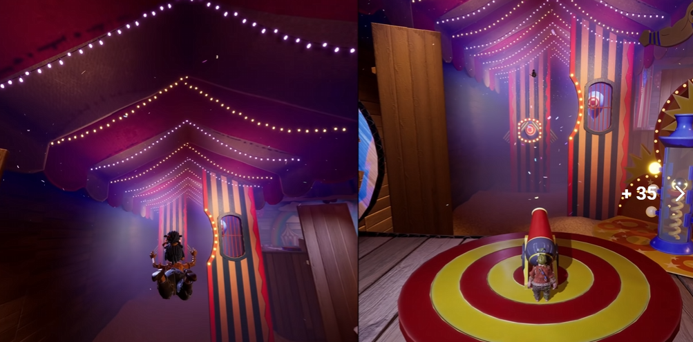 Персонаж прыгает в цирковом шатре с гирляндами