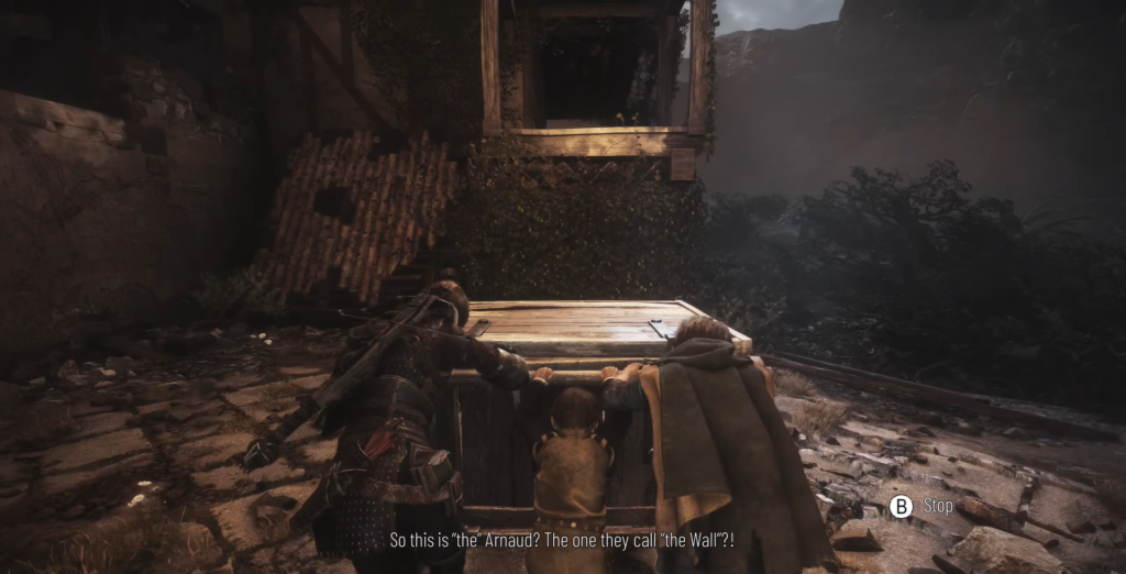 Амиция и Хьюго толкают телегу у руин