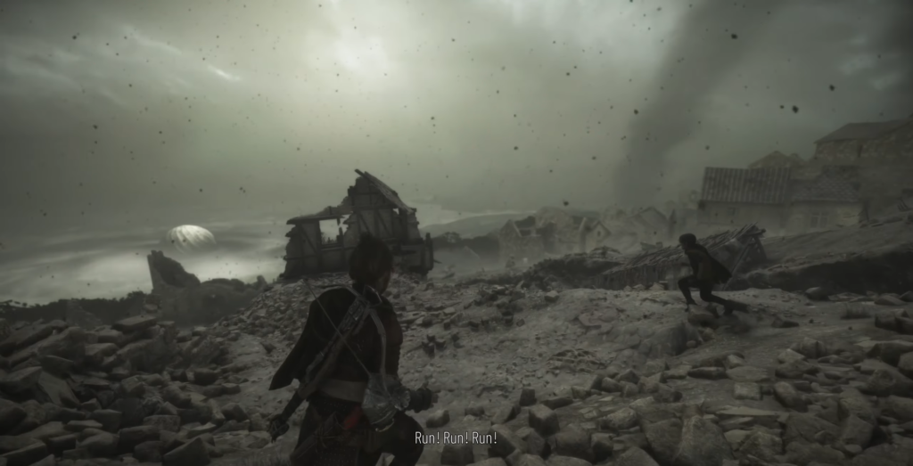 Амиция и Хьюго бегут по руинам деревни