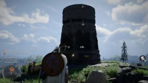 Персонаж смотрит на каменную башню на холме