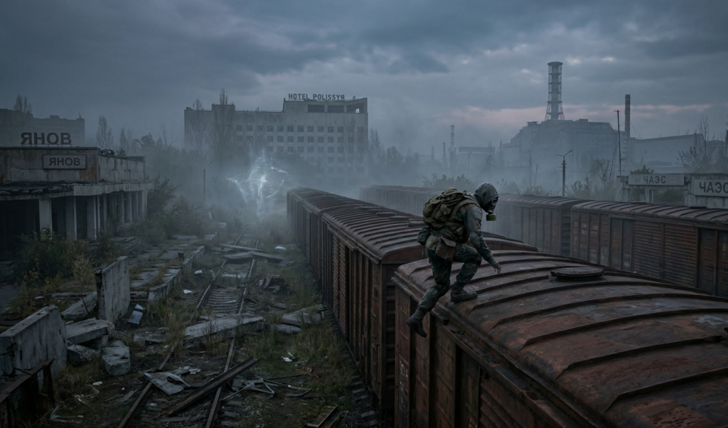 Сталкер в противогазе идет по крыше вагона Янов