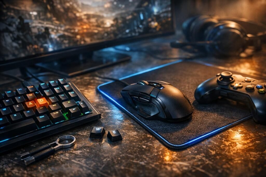 Игровая мышь и геймпад на столе рядом клавиатурой