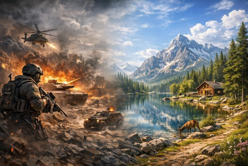 Солдат с винтовкой у взрывов на озере