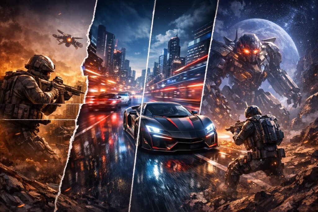 Черный спорткар мчится по ночному городу, солдаты стреляют