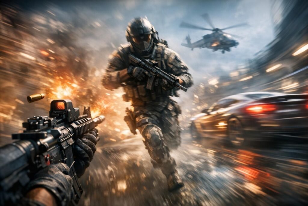 Солдат бежит с автоматом по улице под взрывами