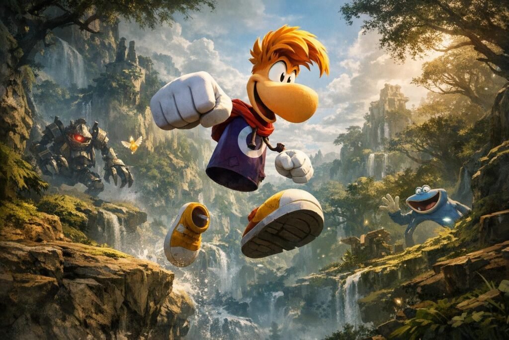 Рэйман прыгает над водопадами в джунглях Rayman Legends