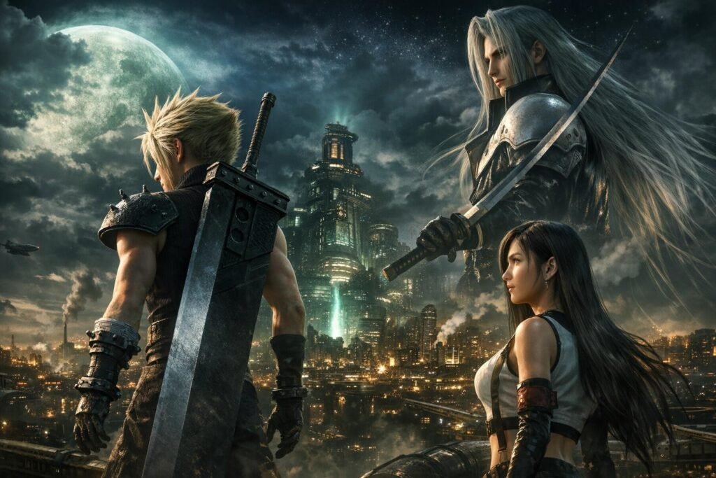 Клауд, Тифа и Сефирот смотрят на Мидгар, Final Fantasy VII