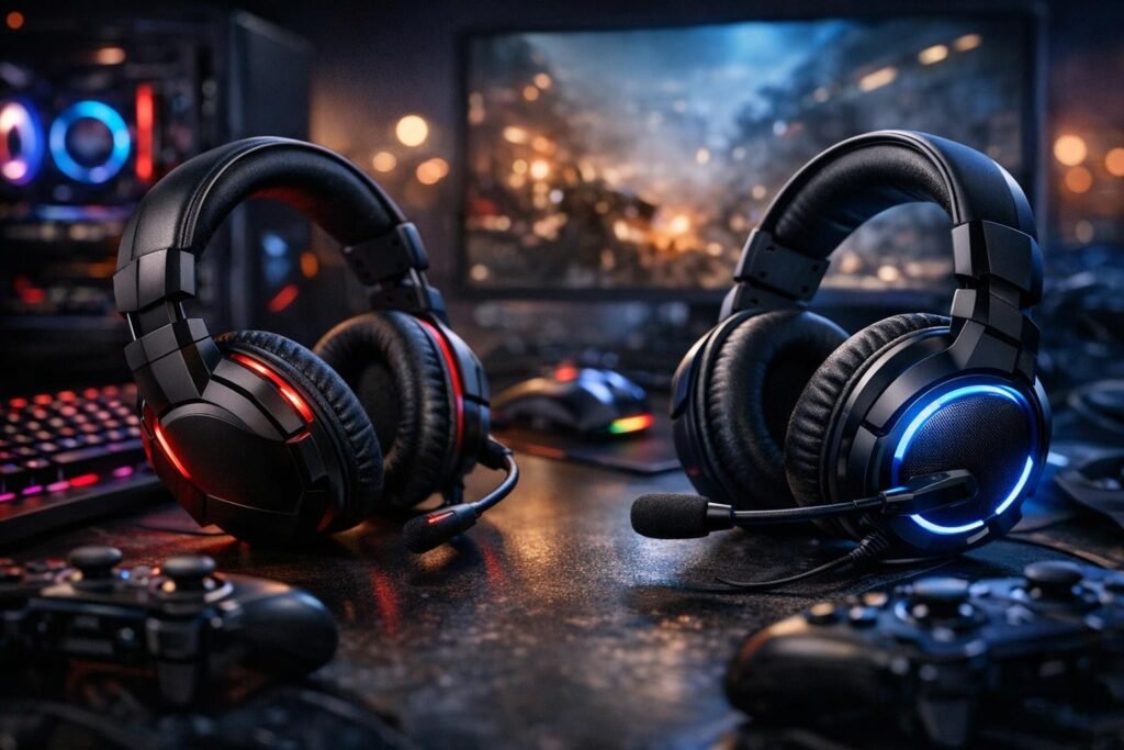 Две игровые гарнитуры с микрофоном на столе у монитора