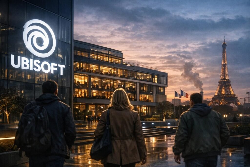Люди идут к офису Ubisoft в Париже