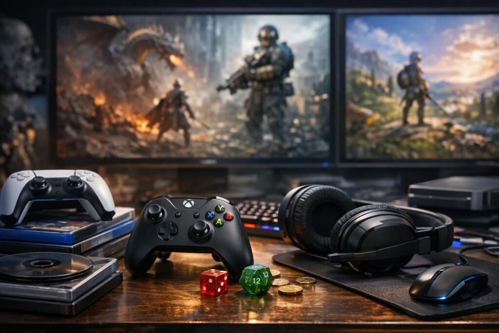 Геймпады Xbox и PlayStation лежат на игровом столе