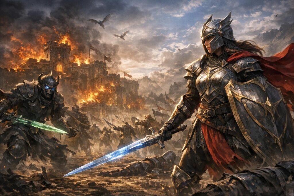 Рыцарь в доспехах с мечом на поле боя