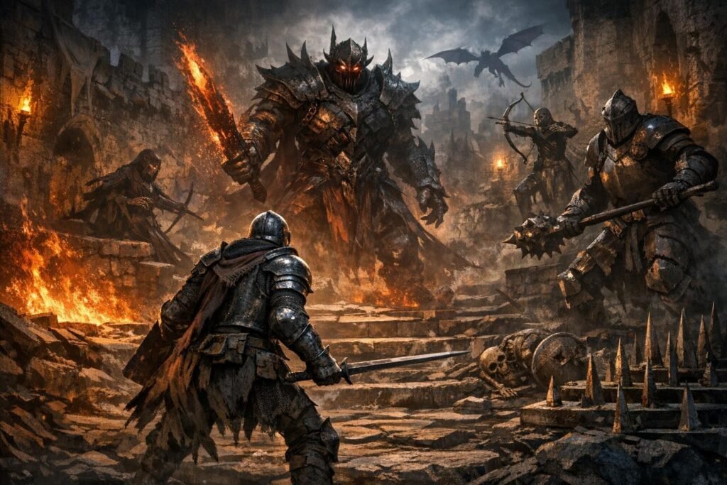 Рыцари сражаются с демоном в горящей крепости