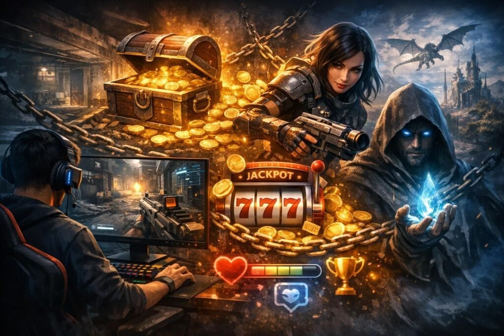 Игрок за компьютером, вокруг золото и слот 777