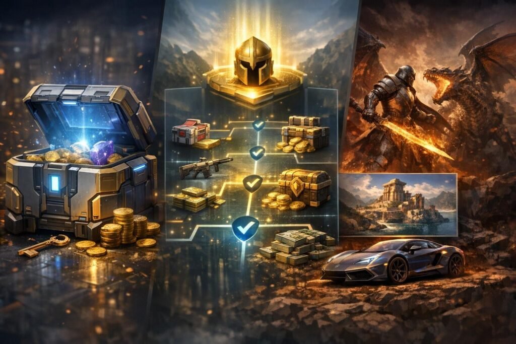 Игровые награды с сундуками, монетами и рыцарем с драконом