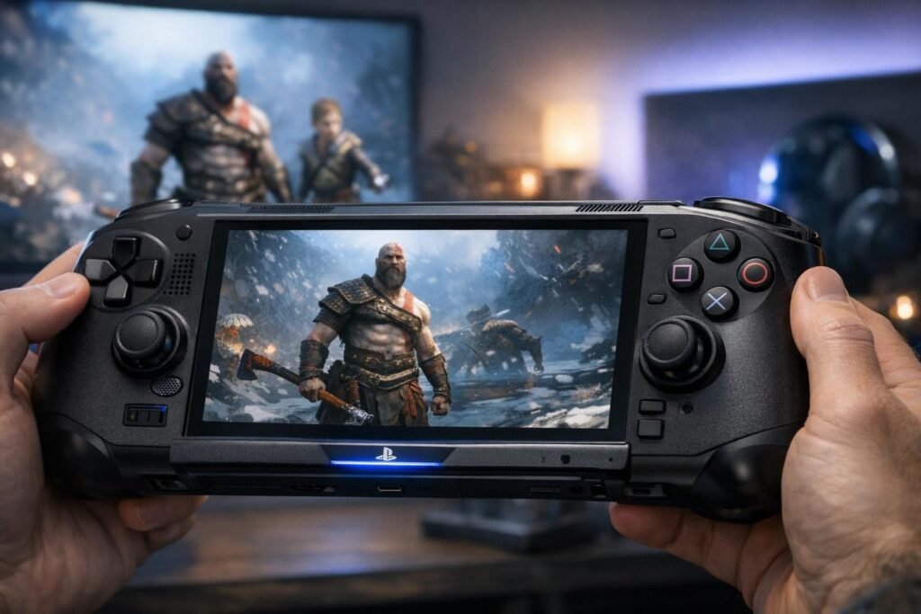 Руки держат PlayStation Portal с Кратосом God of War